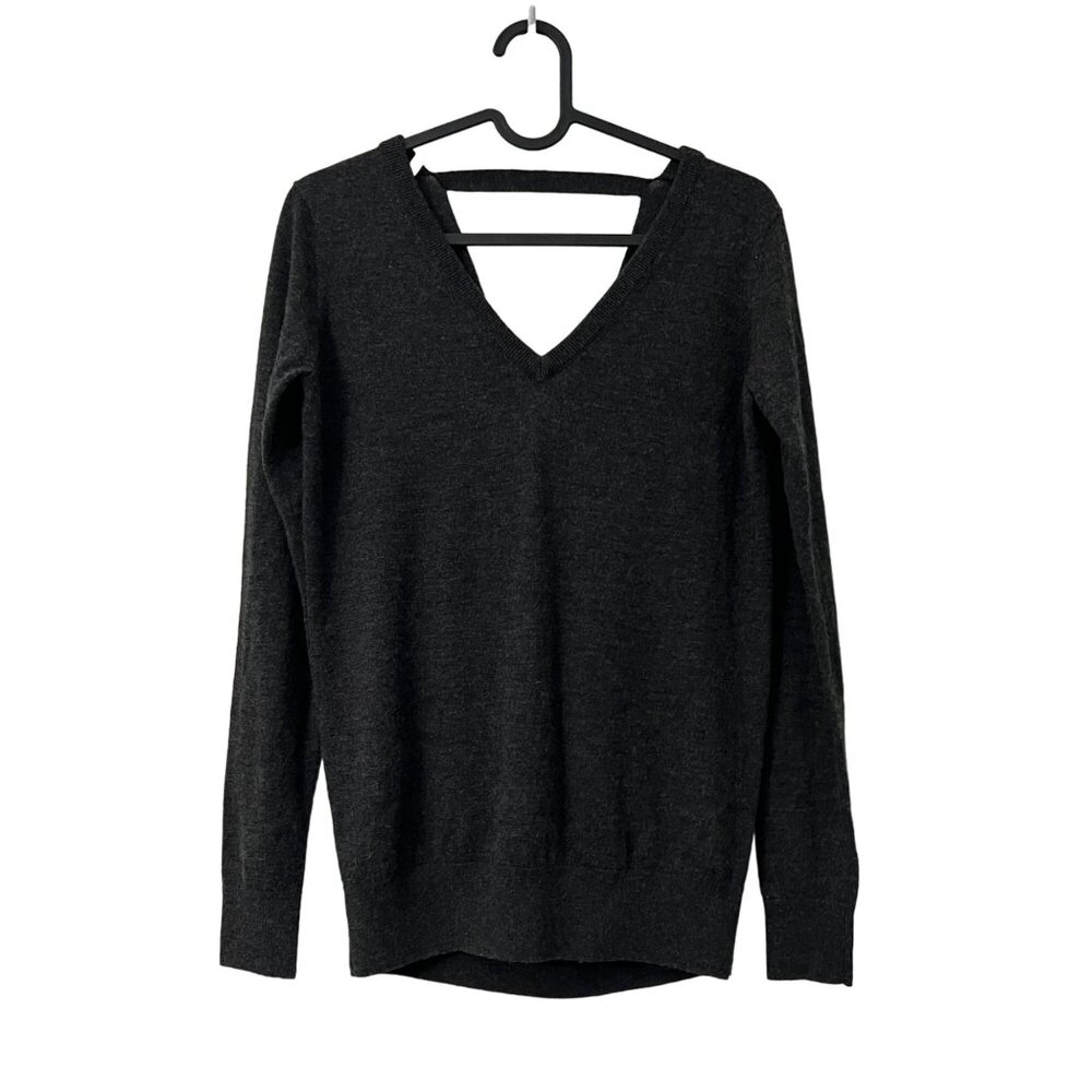 Minnie Rose Cashmere Dark Gray Back Cut Out Long Sleeve Vneck Sweater Size XS